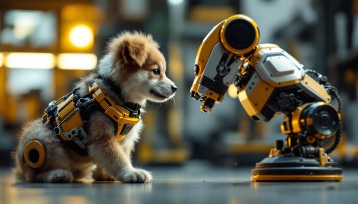 A photograph of a playful dog interacting with a robotic arm in a dynamic setting