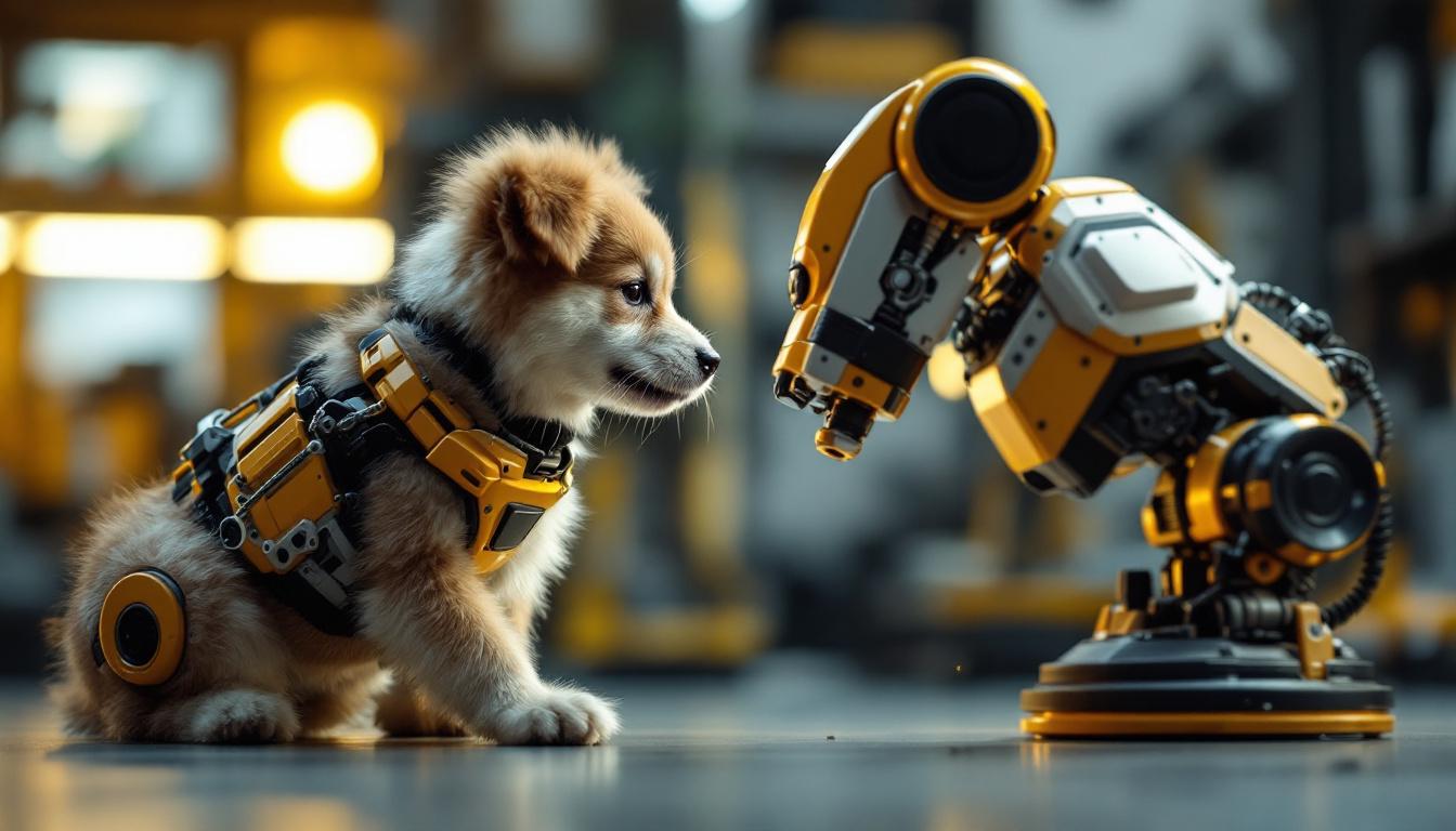 A photograph of a playful dog interacting with a robotic arm in a dynamic setting