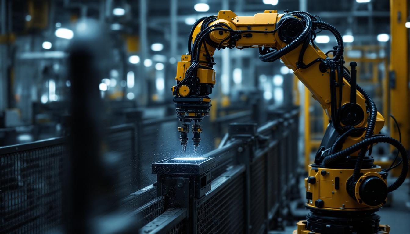 A photograph of a dynamic industrial robotic arm in action