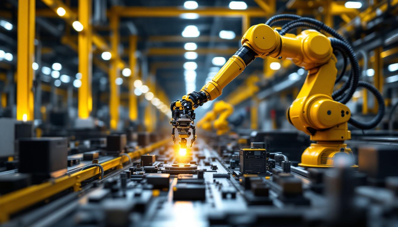 A photograph of a dynamic industrial setting showcasing a robotic arm in action