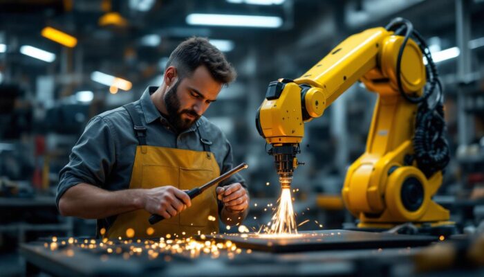 A photograph of a skilled worker using a cane accessory alongside an industrial robot in a dynamic workshop setting