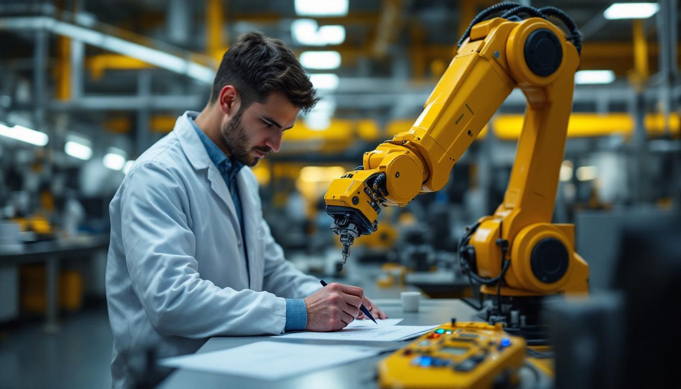 A photograph of a dynamic scene featuring a researcher engaging with an industrial robotic arm in a lab setting