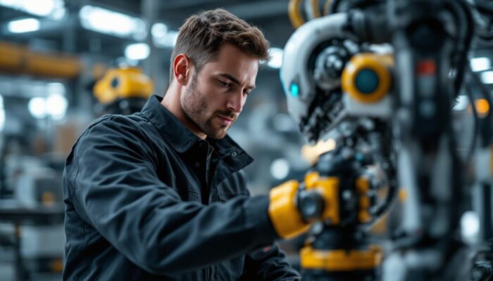 A photograph of a skilled robotics technician working hands-on with an industrial robot in a modern workshop