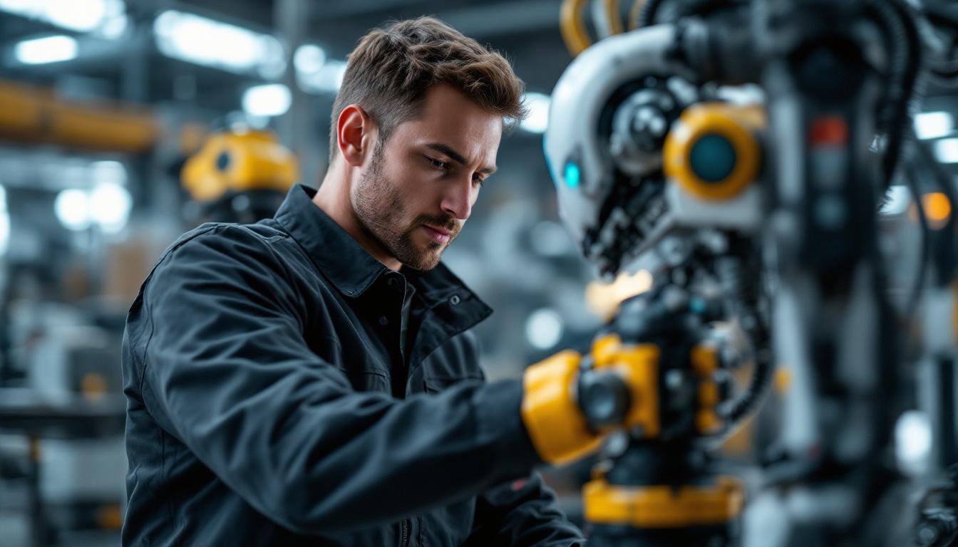 A photograph of a skilled robotics technician working hands-on with an industrial robot in a modern workshop