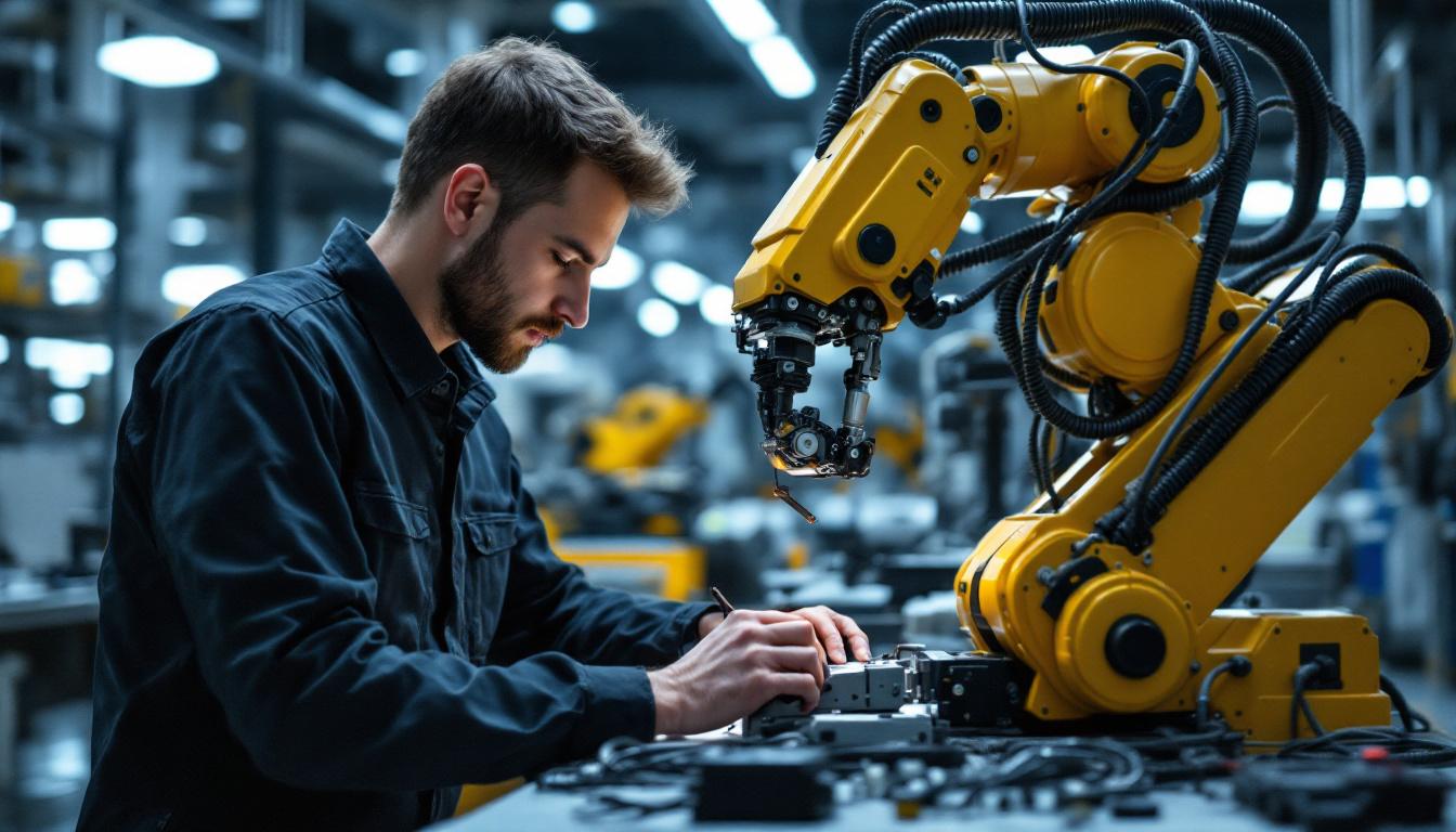 A photograph of a skilled electrical engineer working on an industrial robotic system in a modern lab setting
