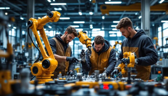 A photograph of a dynamic scene featuring electrical engineering students engaged in hands-on work with industrial robots