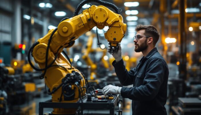 A photograph of a technician interacting with an industrial robotic arm in a modern manufacturing facility
