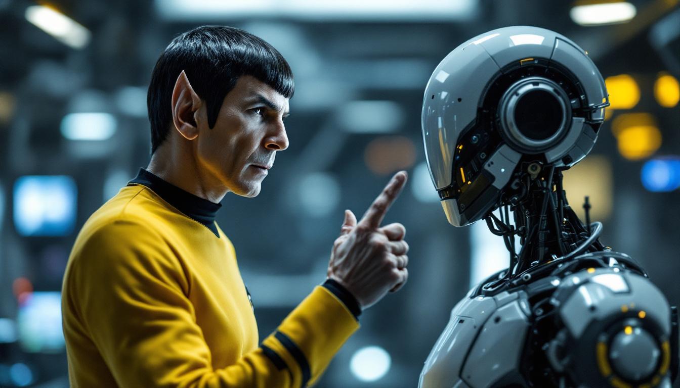 A photograph of a futuristic scene that juxtaposes a classic depiction of spock