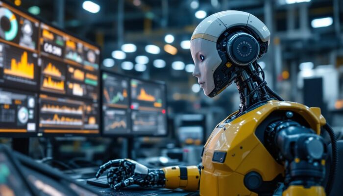 A photograph of capture a photograph of a modern industrial robot in action