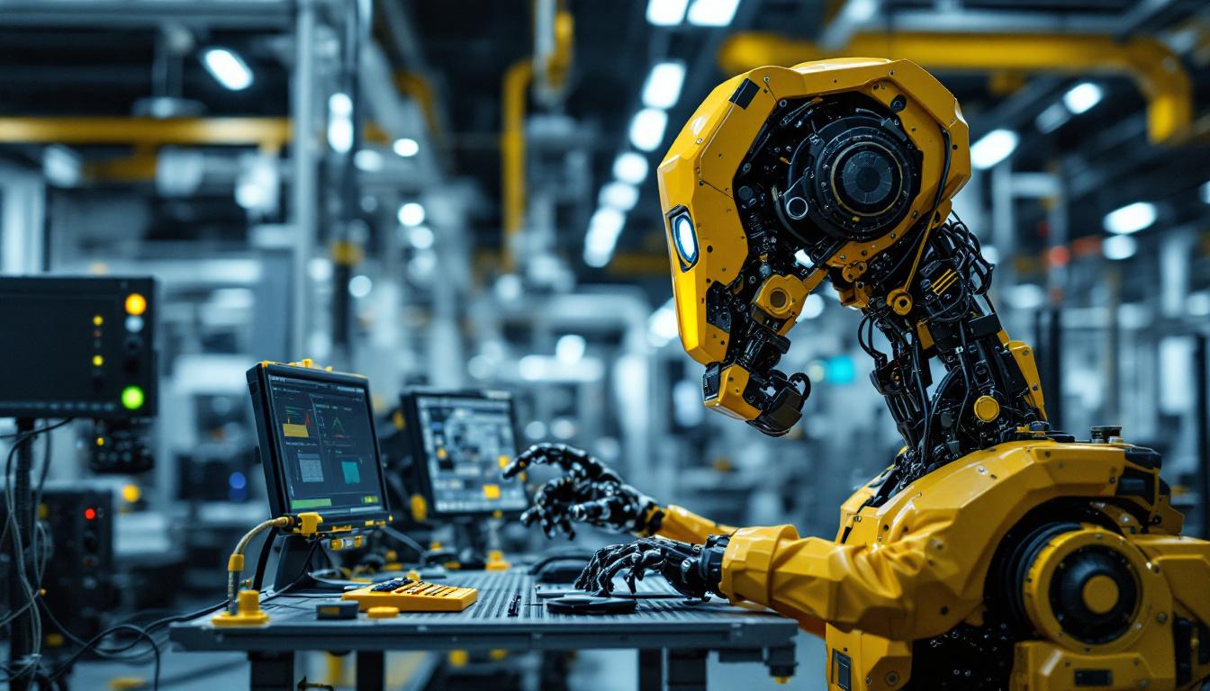 A photograph of a skilled technician programming or operating an industrial robot in a modern manufacturing facility