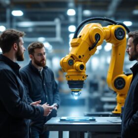 A photograph of a dynamic industrial setting where a consultant is engaging with a team of engineers while observing and discussing the operation of a robotic arm