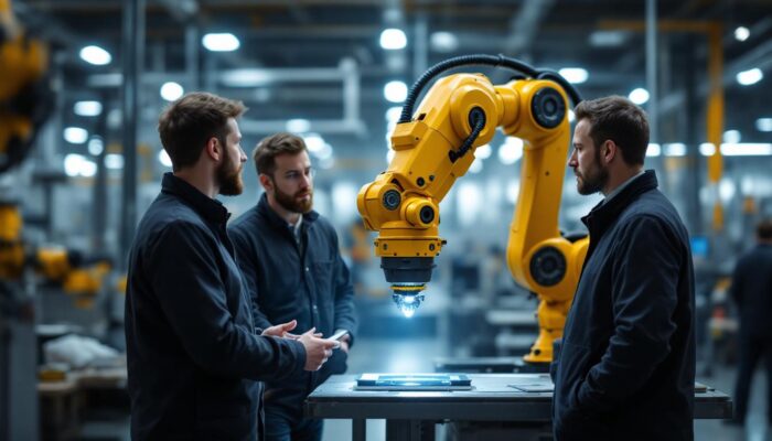 A photograph of a dynamic industrial setting where a consultant is engaging with a team of engineers while observing and discussing the operation of a robotic arm
