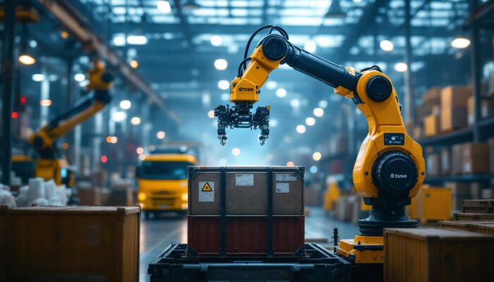 A photograph of a robotic arm efficiently unloading containers in a bustling industrial setting