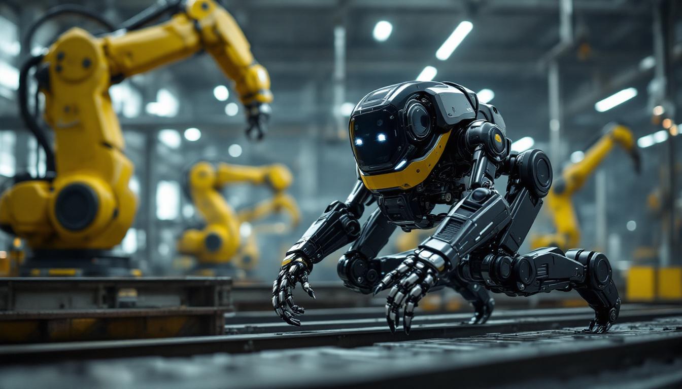 A photograph of a dynamic scene featuring both a quadruped robot navigating an industrial environment