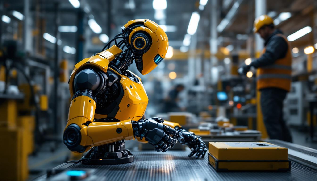 A photograph of a modern industrial robot in action on a factory floor
