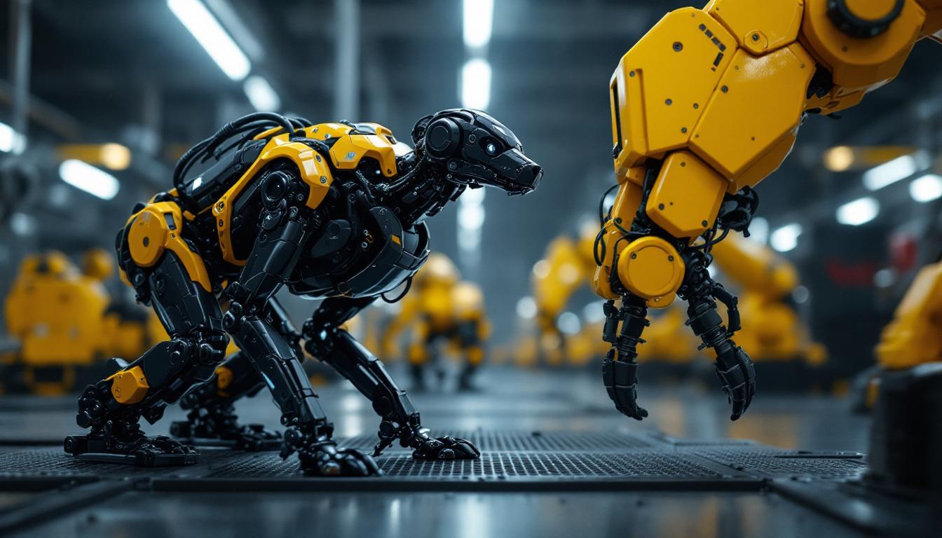 A photograph of a sleek military dog robot in action alongside industrial robotic arms in a high-tech environment