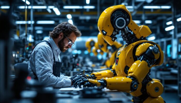 A photograph of a skilled robotic engineer working in a modern laboratory