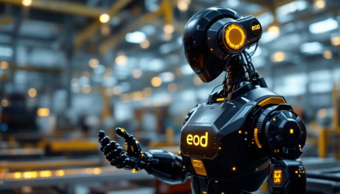 A photograph of a sleek industrial robot in action