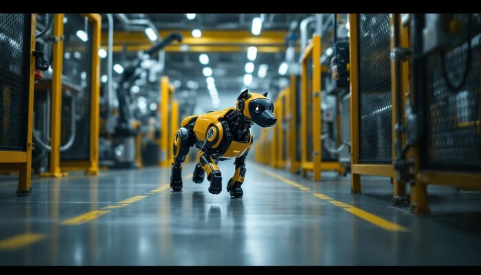 A photograph of capture a photograph of a spot c robotic dog navigating an industrial environment