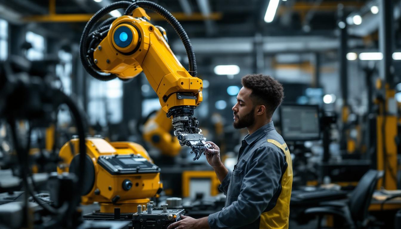 A photograph of a nelnet intern working hands-on with an industrial robotic arm in a modern workspace