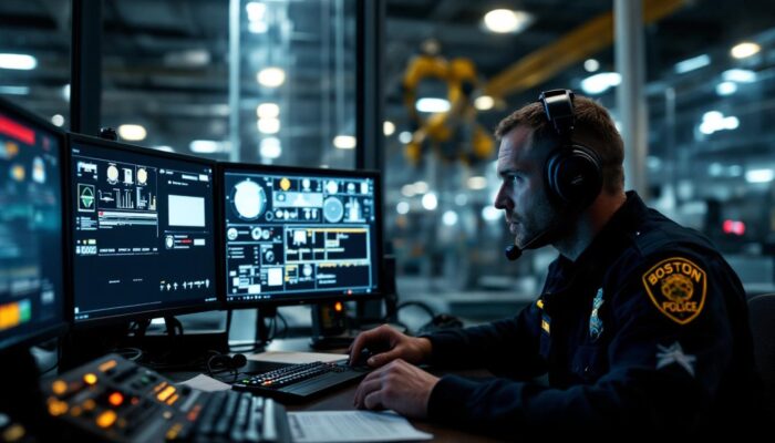 A photograph of a boston police officer monitoring a scanner in a control room