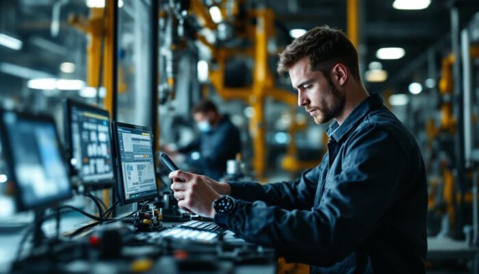 A photograph of a skilled technician programming an industrial robot in a modern manufacturing facility