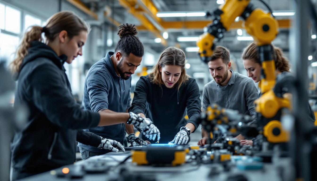 A photograph of a dynamic and engaging scene showcasing a diverse group of interns at munich re collaborating with advanced industrial robotics