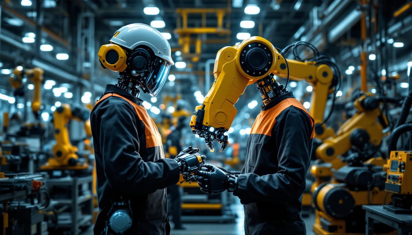 A photograph of a dynamic industrial setting where advanced robotics are actively engaged in manufacturing processes