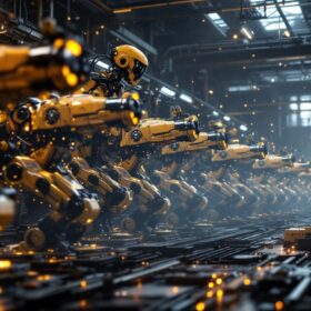 A photograph of a futuristic battlefield scene featuring a blend of advanced ai military robots and industrial robotic arms working in unison