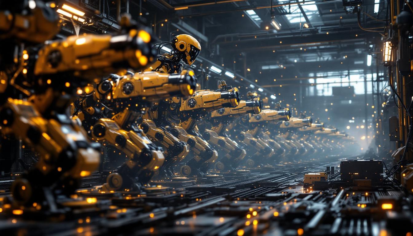 A photograph of a futuristic battlefield scene featuring a blend of advanced ai military robots and industrial robotic arms working in unison