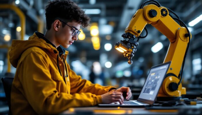 A photograph of a student engaging with an industrial robotic arm in a modern online learning environment
