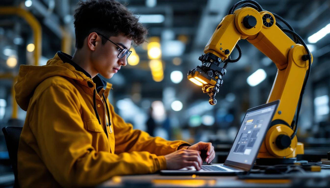 A photograph of a student engaging with an industrial robotic arm in a modern online learning environment