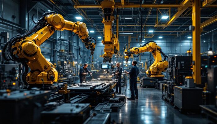A photograph of a dynamic industrial setting showcasing advanced robotic systems in action