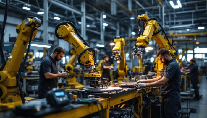 A photograph of a dynamic industrial robotics demonstration in a woodside