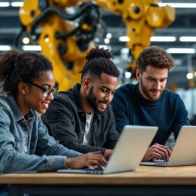 A photograph of a diverse group of entry-level data analysts collaborating over laptops in a modern office space