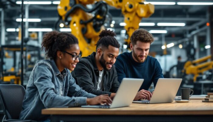 A photograph of a diverse group of entry-level data analysts collaborating over laptops in a modern office space