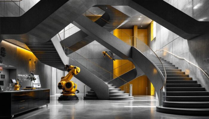 A photograph of a striking u-shaped staircase with industrial design elements