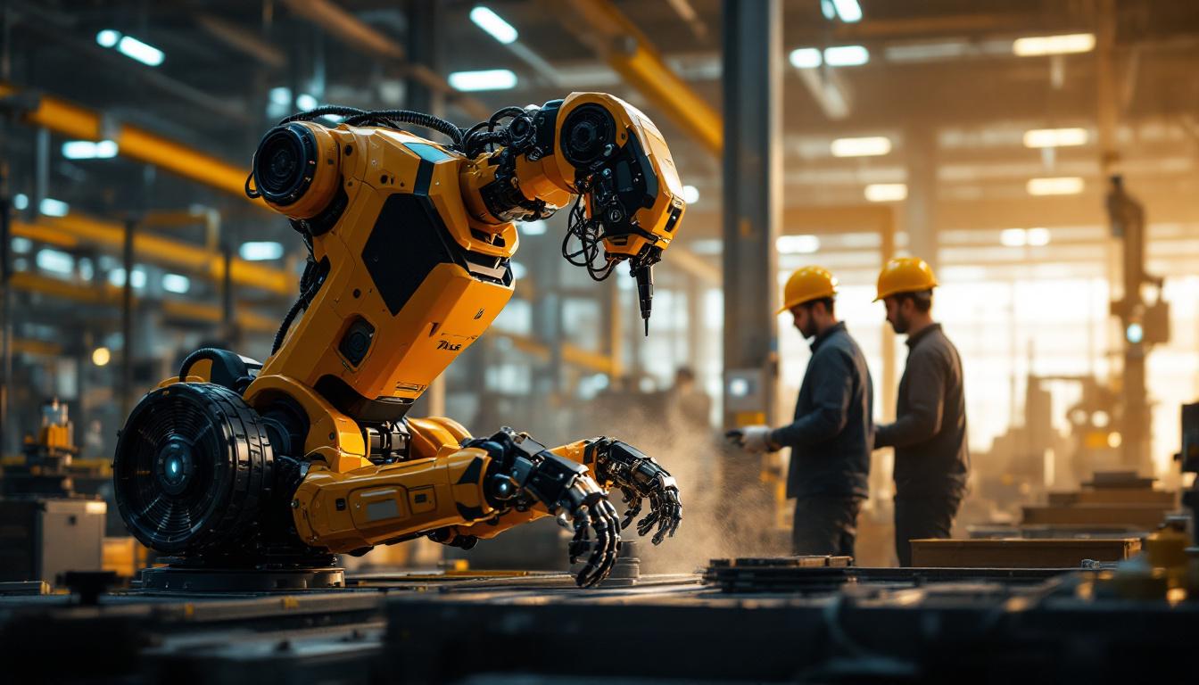 A photograph of a dynamic industrial setting showcasing the atlas robot in action