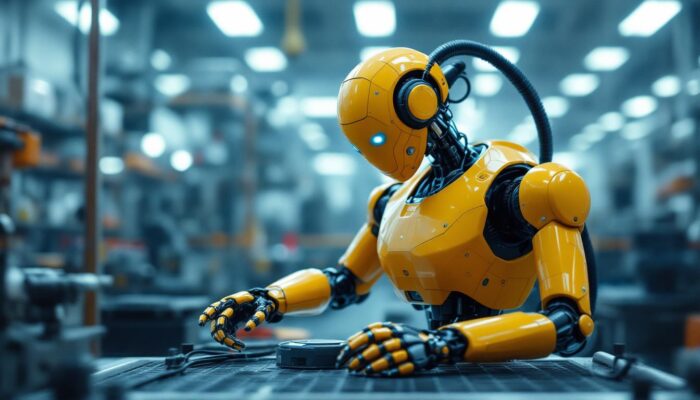 A photograph of a dynamic industrial robot in action within a manufacturing setting