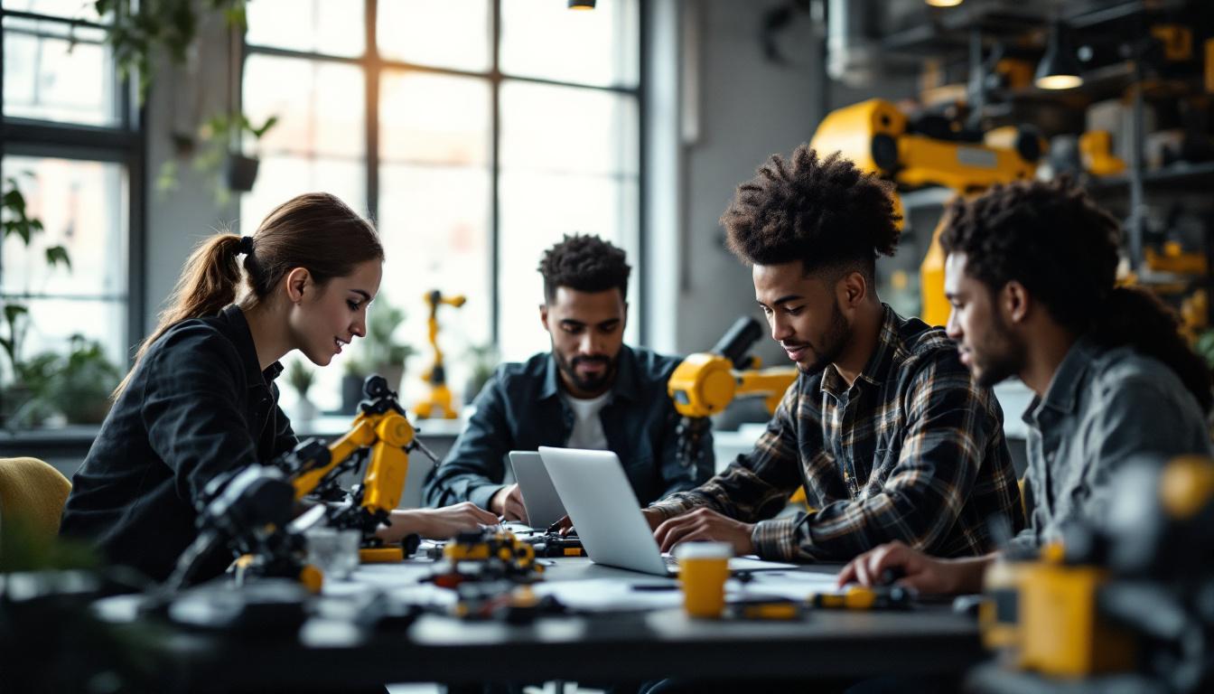 A photograph of a diverse group of interns collaborating on a robotics project in a modern tech workspace