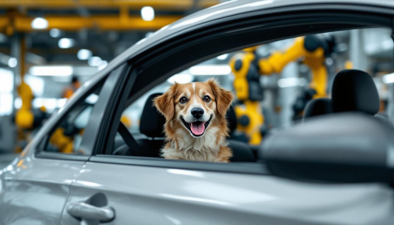 A photograph of a lively scene featuring a happy pet comfortably settled in the back seat of an enterprise rental car