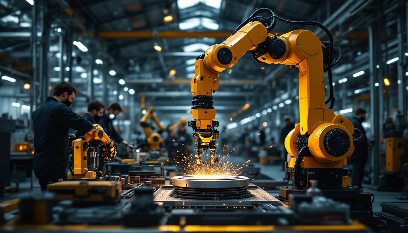 A photograph of a modern industrial setting featuring a robotic arm in action