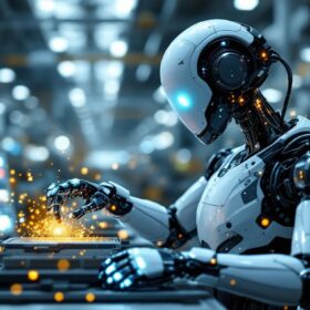 A photograph of a sleek industrial robot in action on a factory floor