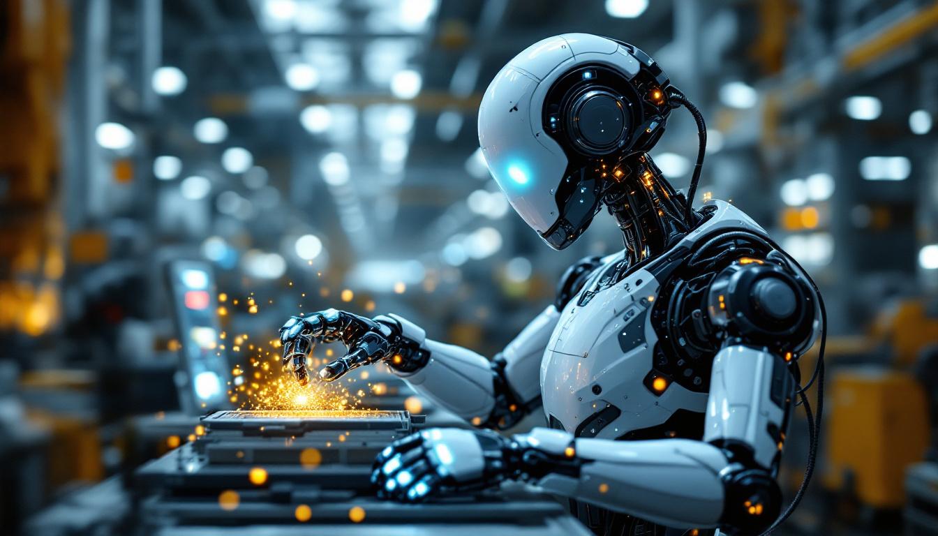 A photograph of a sleek industrial robot in action on a factory floor