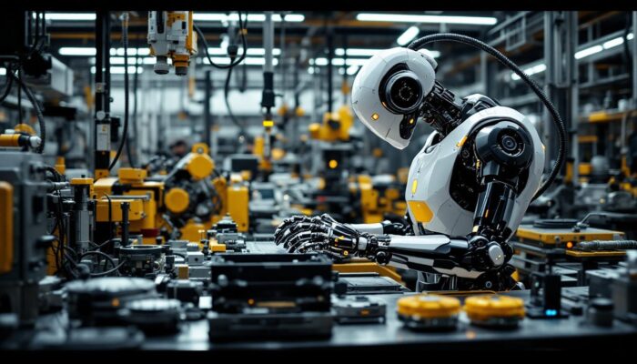 A photograph of a modern industrial robot in action