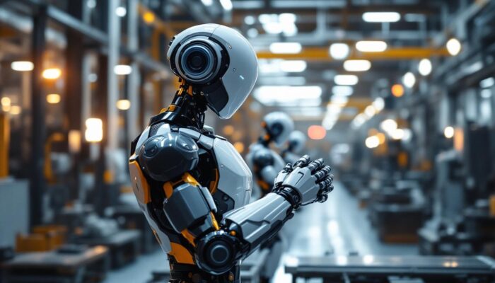 A photograph of a sleek industrial robot in action within a modern manufacturing facility