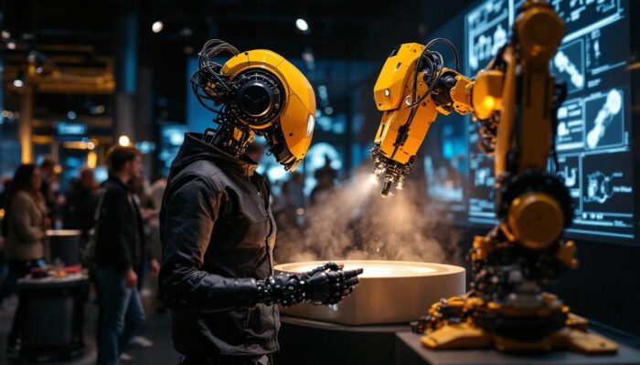 A photograph of capture a photograph of an engaging exhibit at the science museum boston that showcases industrial robots in action