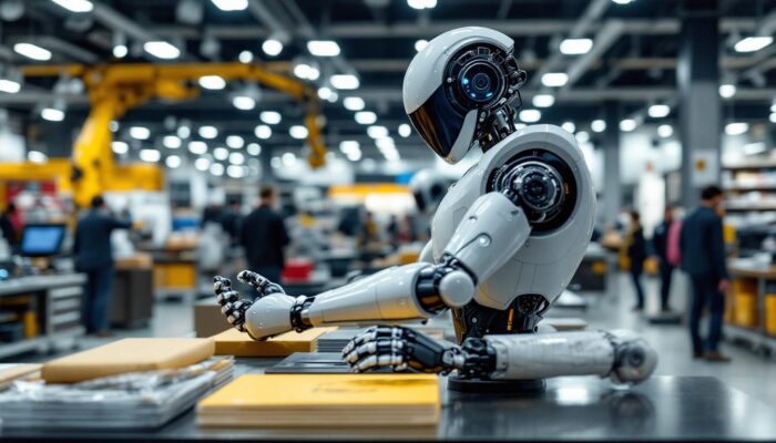 A photograph of a sleek industrial robot in action within a modern retail environment