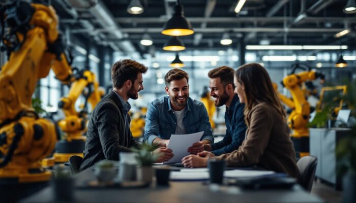 A photograph of a dynamic sales team collaborating in a modern office setting