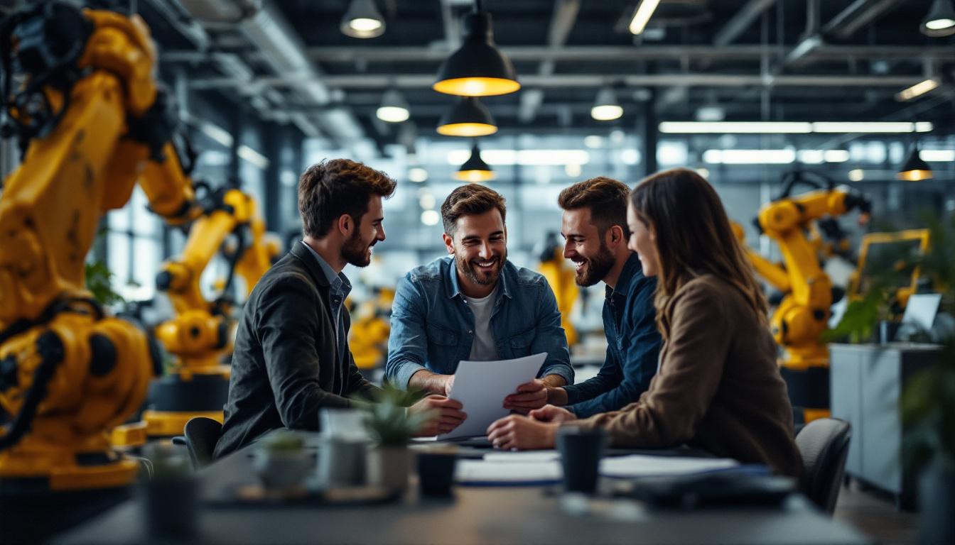 A photograph of a dynamic sales team collaborating in a modern office setting